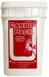 Univet carbo-pack energy supplement for equine use and improved performance for horses